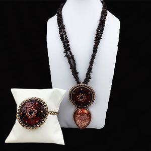 Bronze Red Czech Glass Druzy Pendant Rope Cuff Set